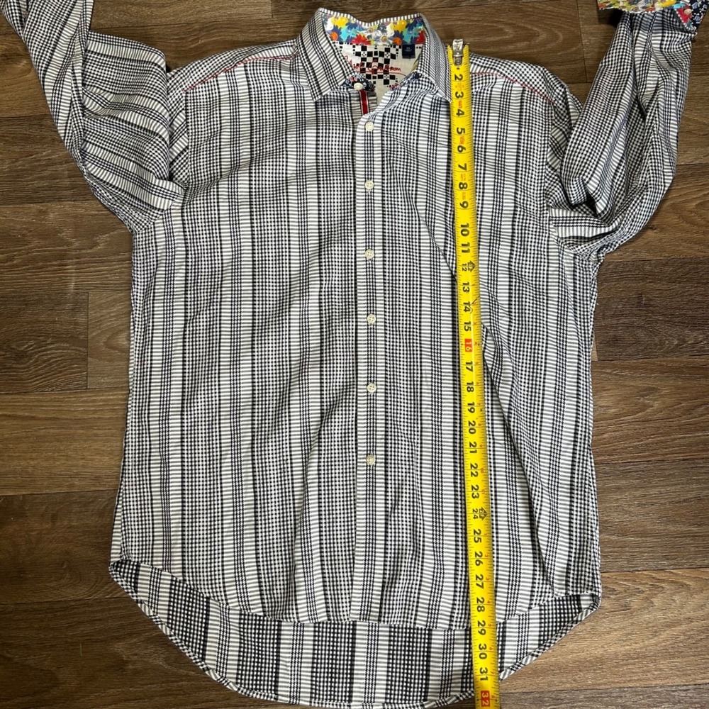 Robert Graham Button Down Shirt Mens XL Black White Plaid Floral Contrast Cuff - Picture 3 of 7